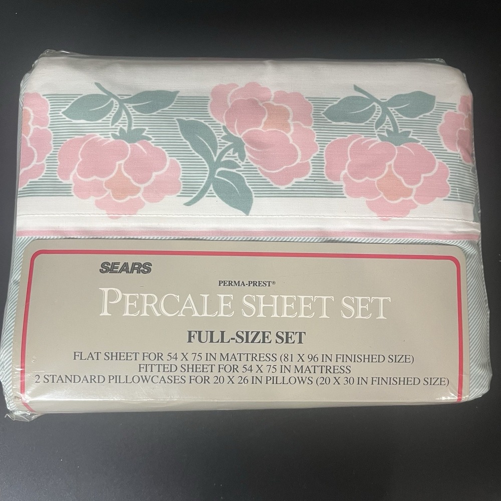 Vintage Sears Perma-Prest Percale Sheet Set Full Size Pink Rose Floral Green New